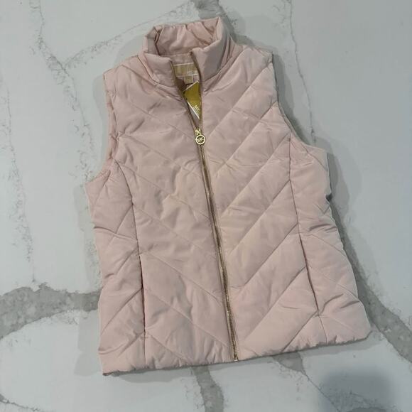 Michael Kors NWT Chevron Quilted Puffer Vest Pink Womens Small Gold Charm/Zipper - Picture 1 of 10